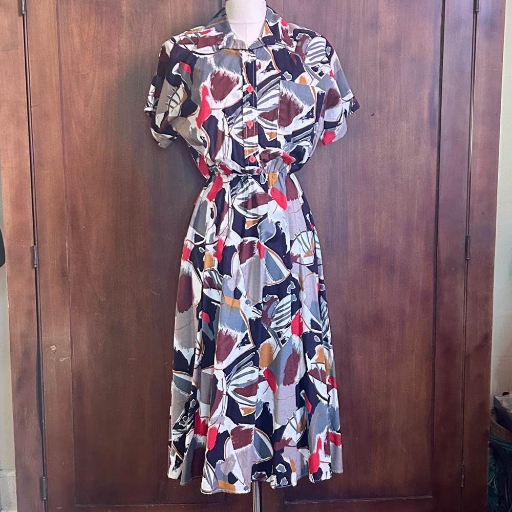 80s Abstract Floral Cotton Dress M